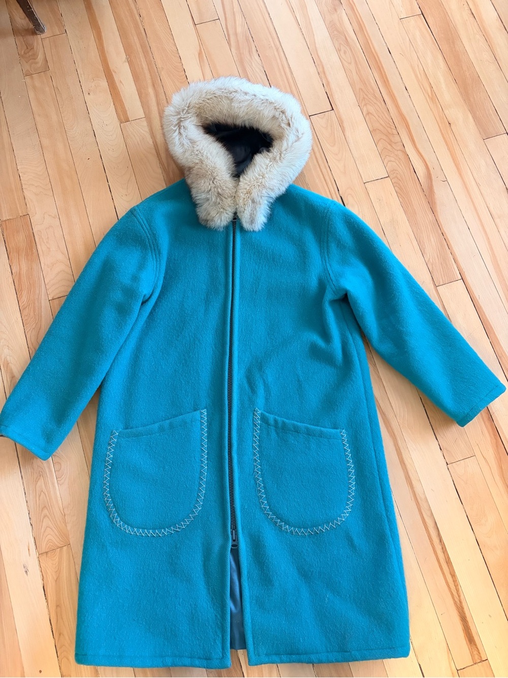 Vintage Women’s Teal Hooded Handmade Wool Coat with Real Fur Trim